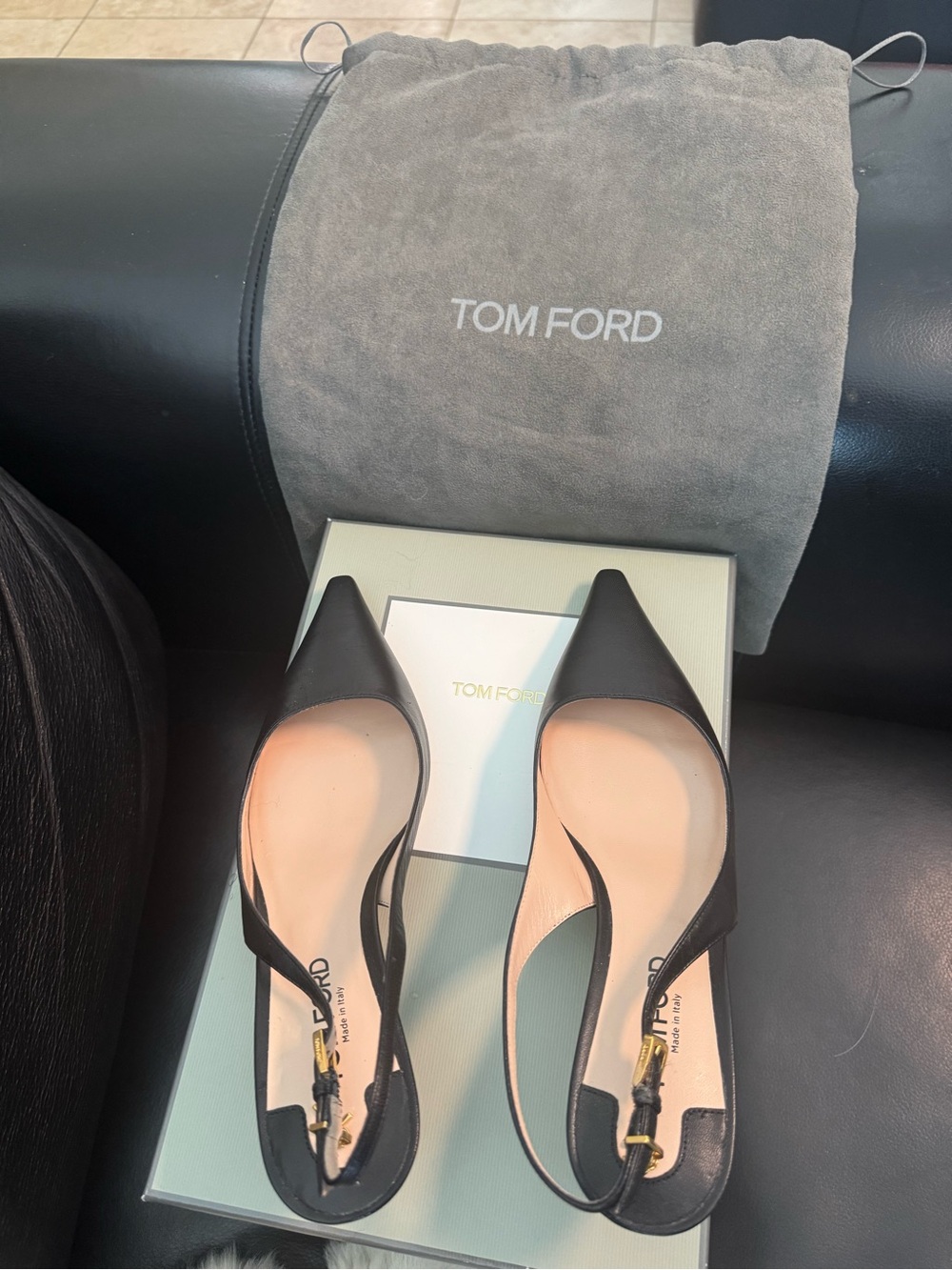 Tom Ford Black Leather Pointed Slingback Heels with Gold Buckle